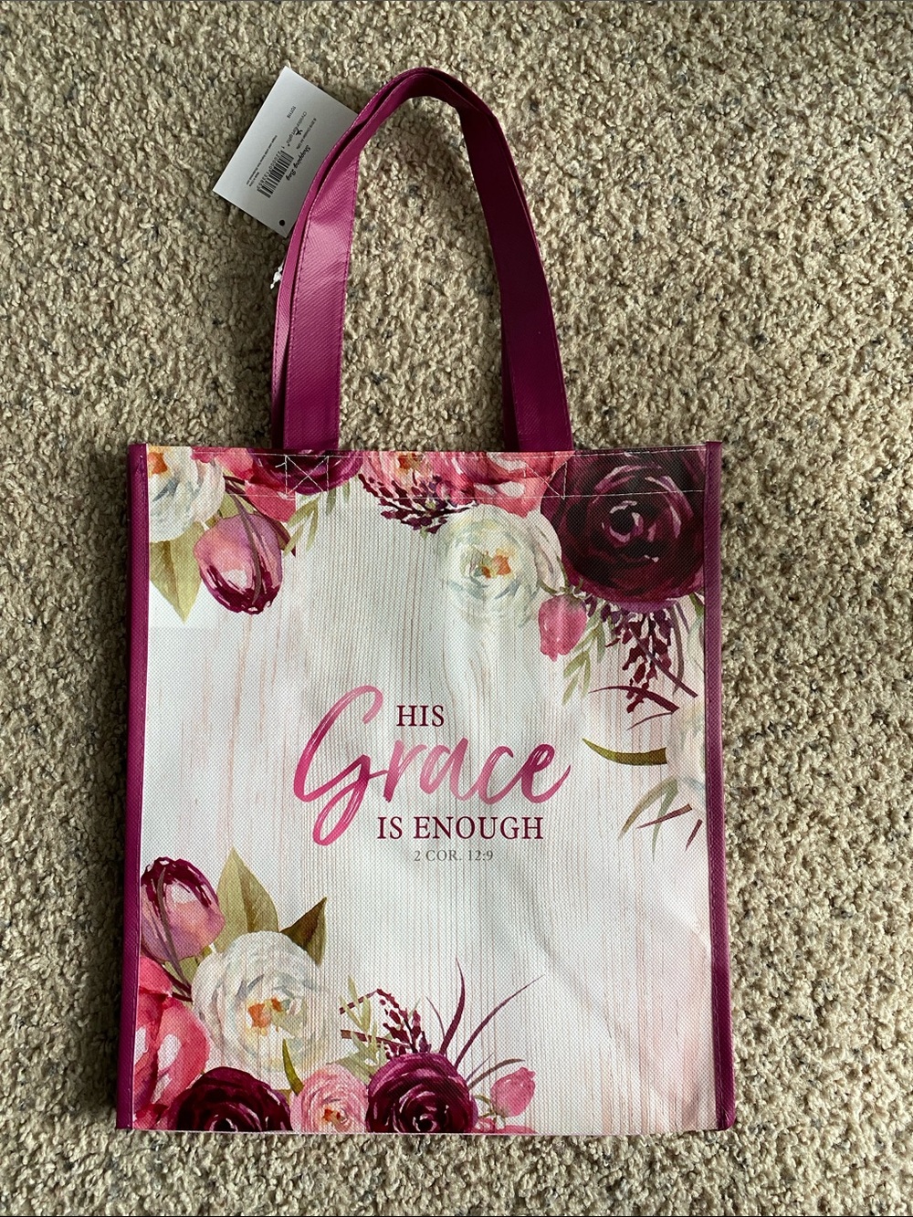 Christian Art Gifts Floral “His Grace Is Enough” Tote Bag